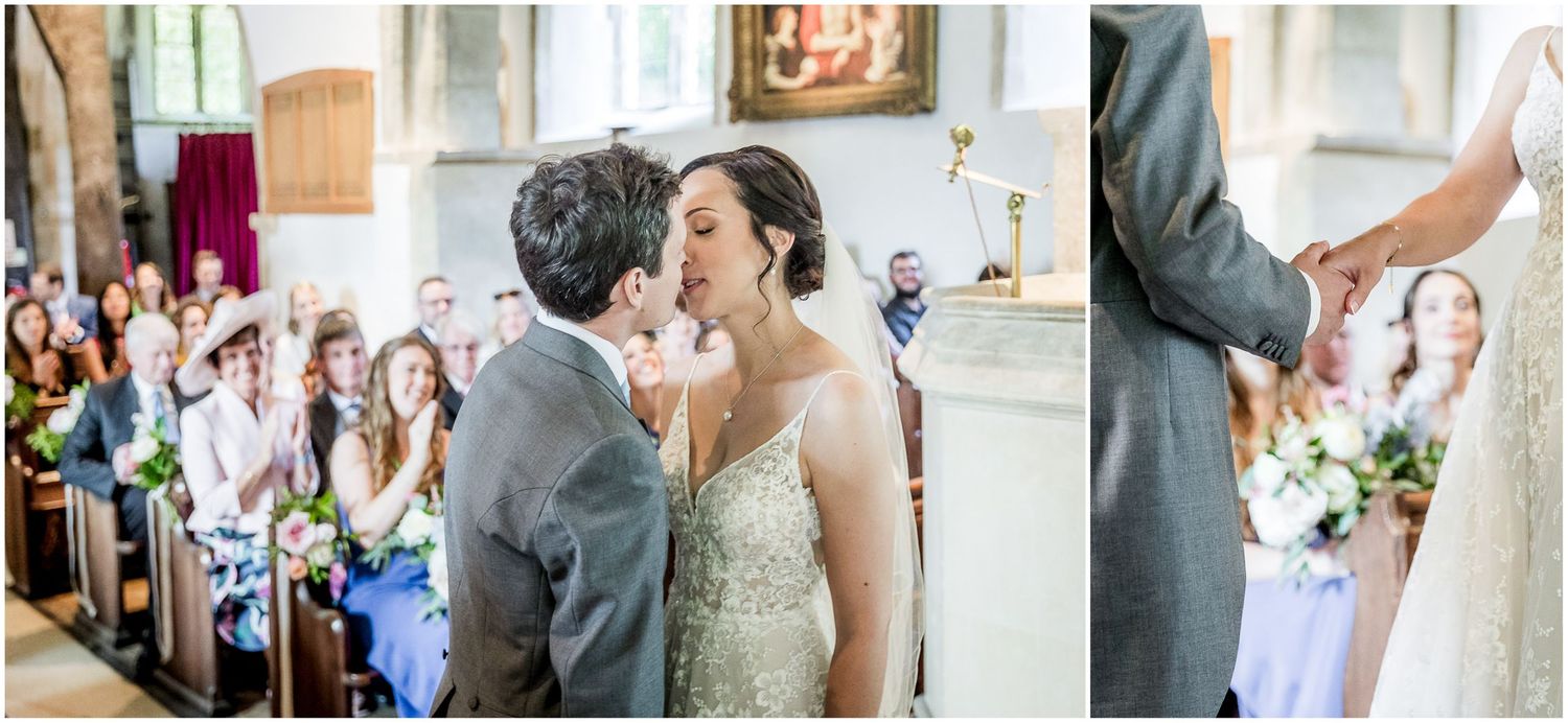 Series of candid wedding ceremony moments captured in church interior.