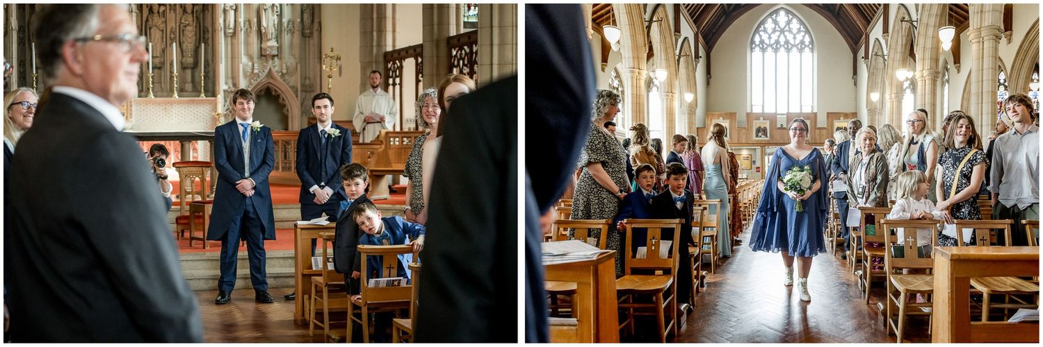 Church ceremony captured from multiple angles showing wooden pews and gothic architecture.