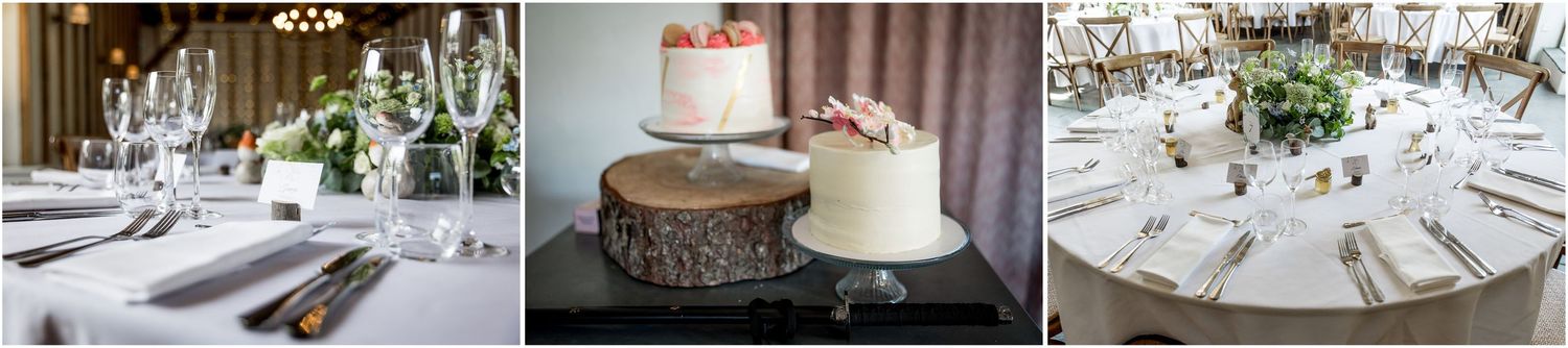 Wedding reception details including place settings, cake on wood stand, and decorated tables.