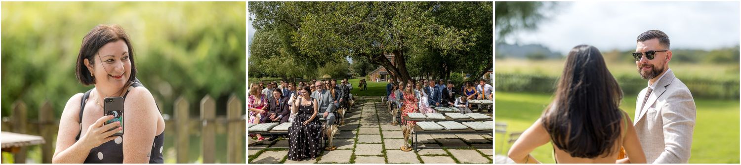 Collection of candid wedding moments captured during outdoor celebration.