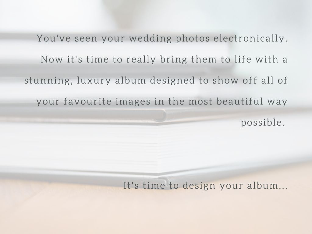 Elegant text overlay on a blurred background introducing a wedding photo album design service.