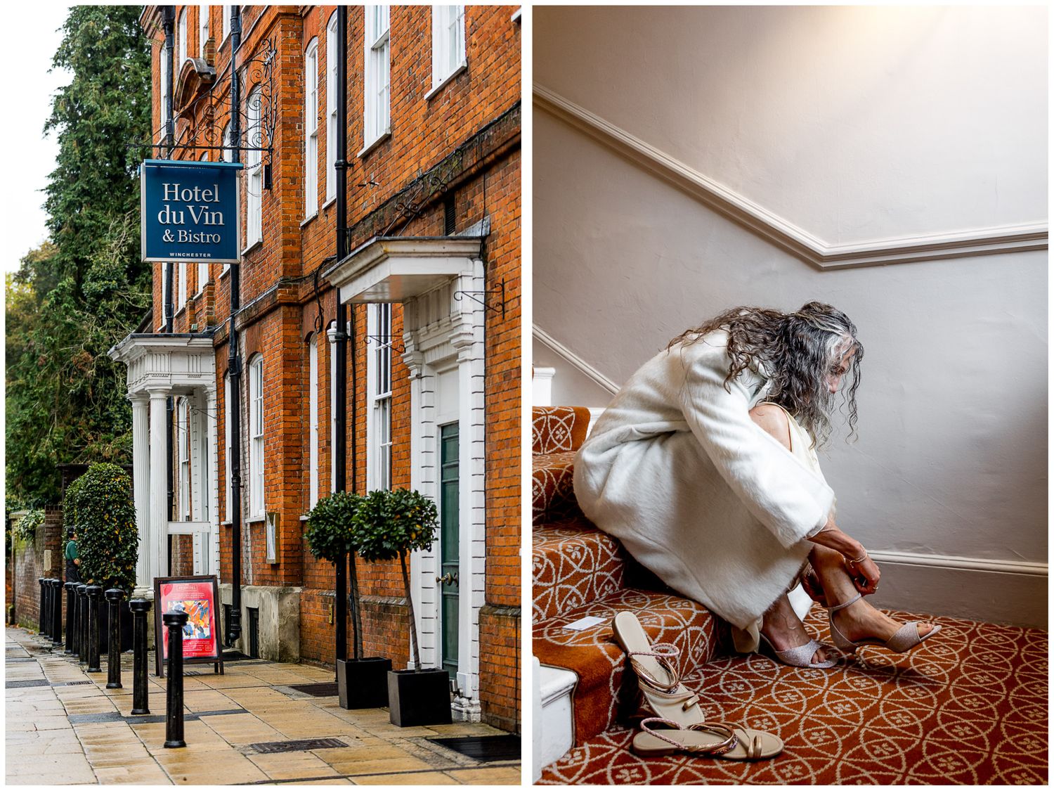 The bride putting on her shoes on the staircase at Winchester's Hotel du Vin