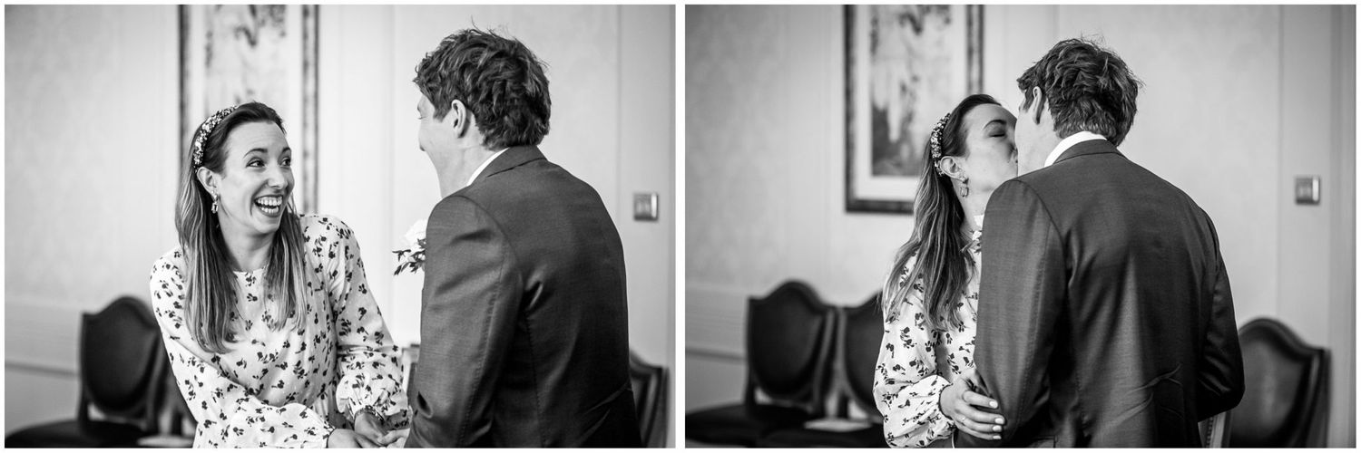 Series of black and white ceremony moments captured in an indoor setting.