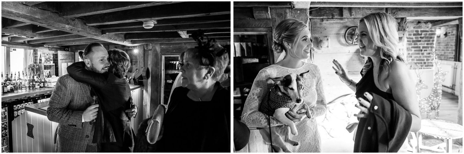 Black and white candid shots of wedding preparations and conversations.