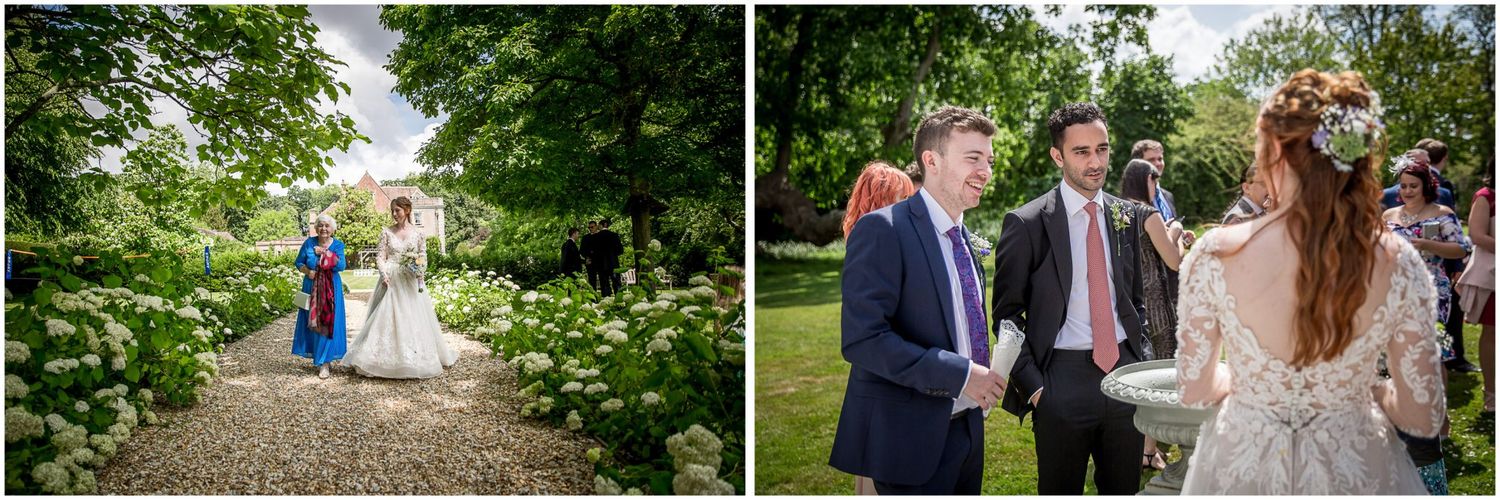 A joyful wedding celebration unfolds across multiple moments captured at a charming outdoor venue with natural greenery.