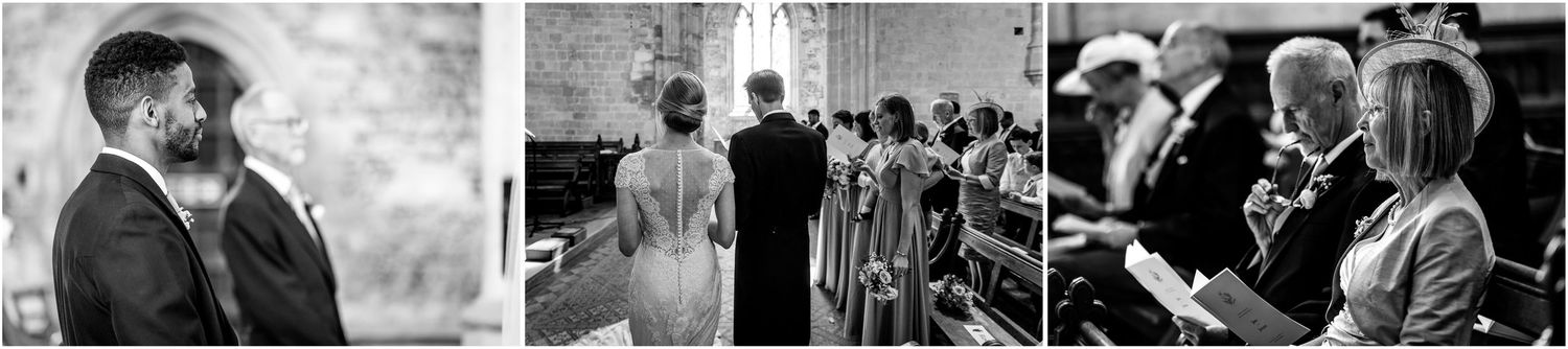 Black and white photos of wedding guests inside historic church.