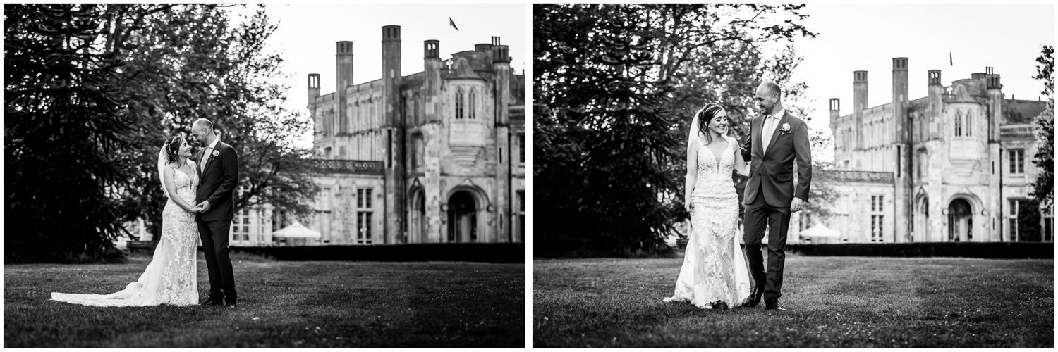 Silhouetted wedding photos against historic architecture and gardens.