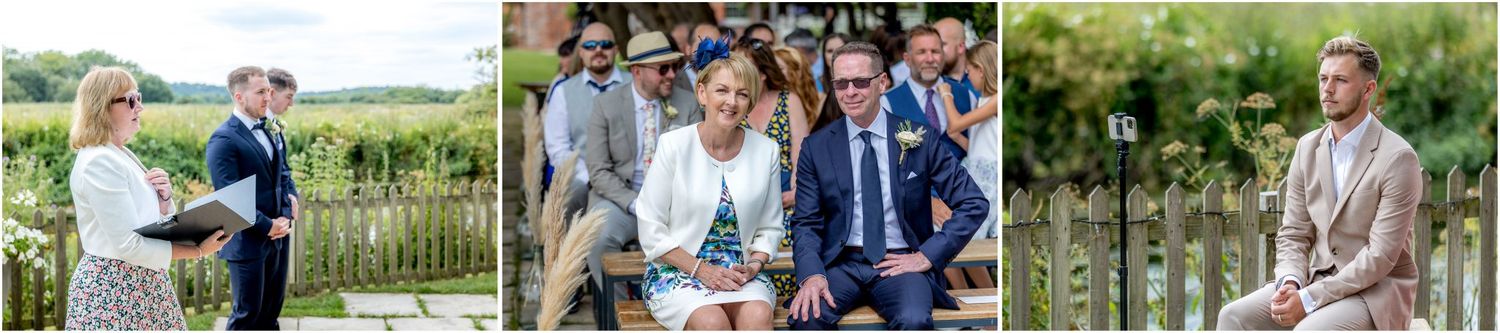Guests mingle and socialize at an elegant outdoor garden wedding reception.