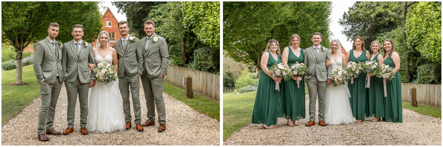 Wedding party walking along a countryside path during an outdoor celebration.