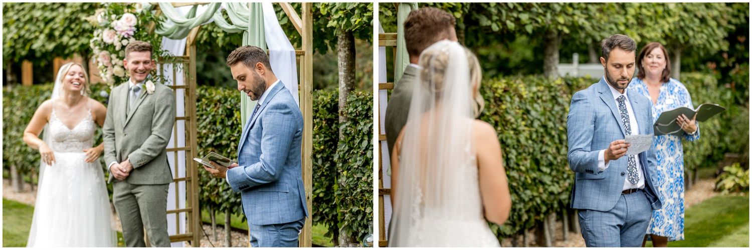 Panoramic sequence of wedding ceremony moments against a green garden backdrop.