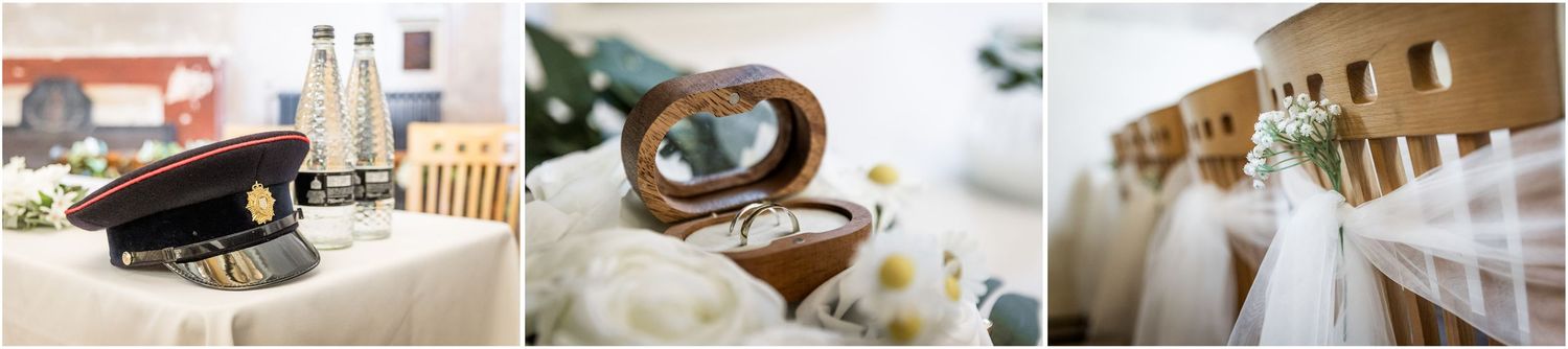 A collection of wedding detail photos showing rings, flowers, and decor arranged in a horizontal grid layout in the chapel at The Elvetham