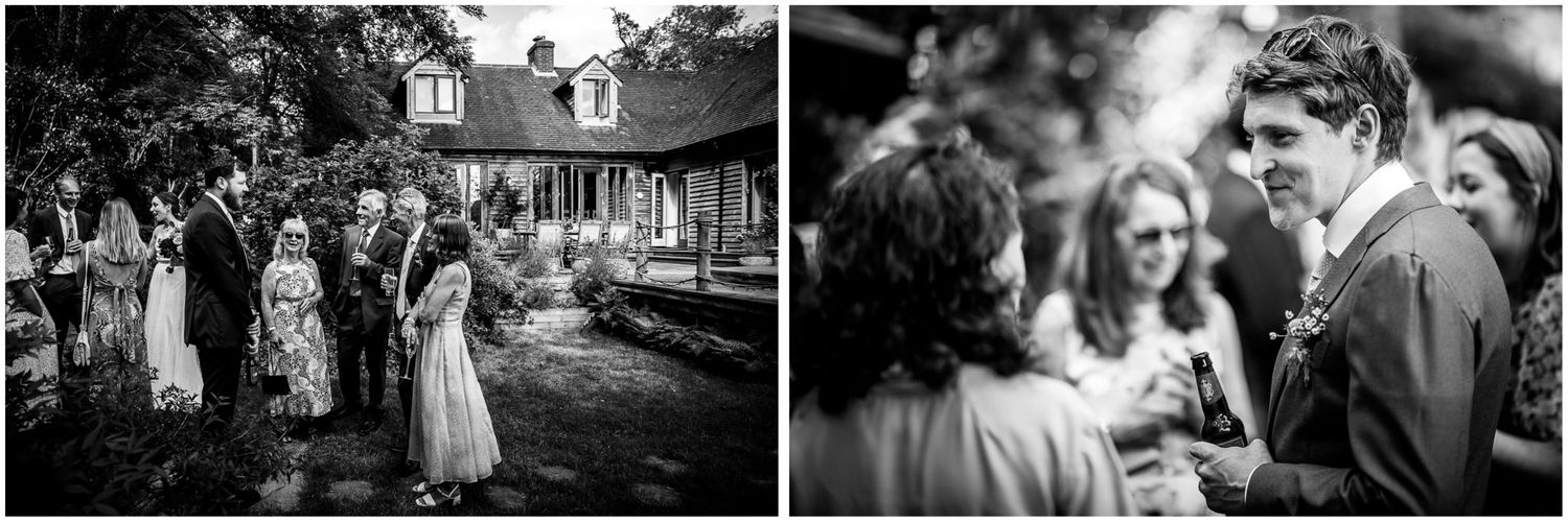 Wedding guests enjoying an outdoor garden reception with natural lighting and candid interactions.