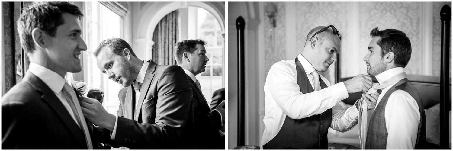 Black and white photos show groomsmen in formal attire sharing candid moments.