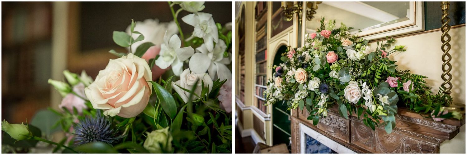 Close-up details of wedding floral arrangements with roses and greenery.