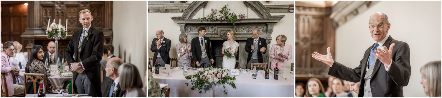 Series of photos showing wedding ceremony and reception in a grand historic venue.