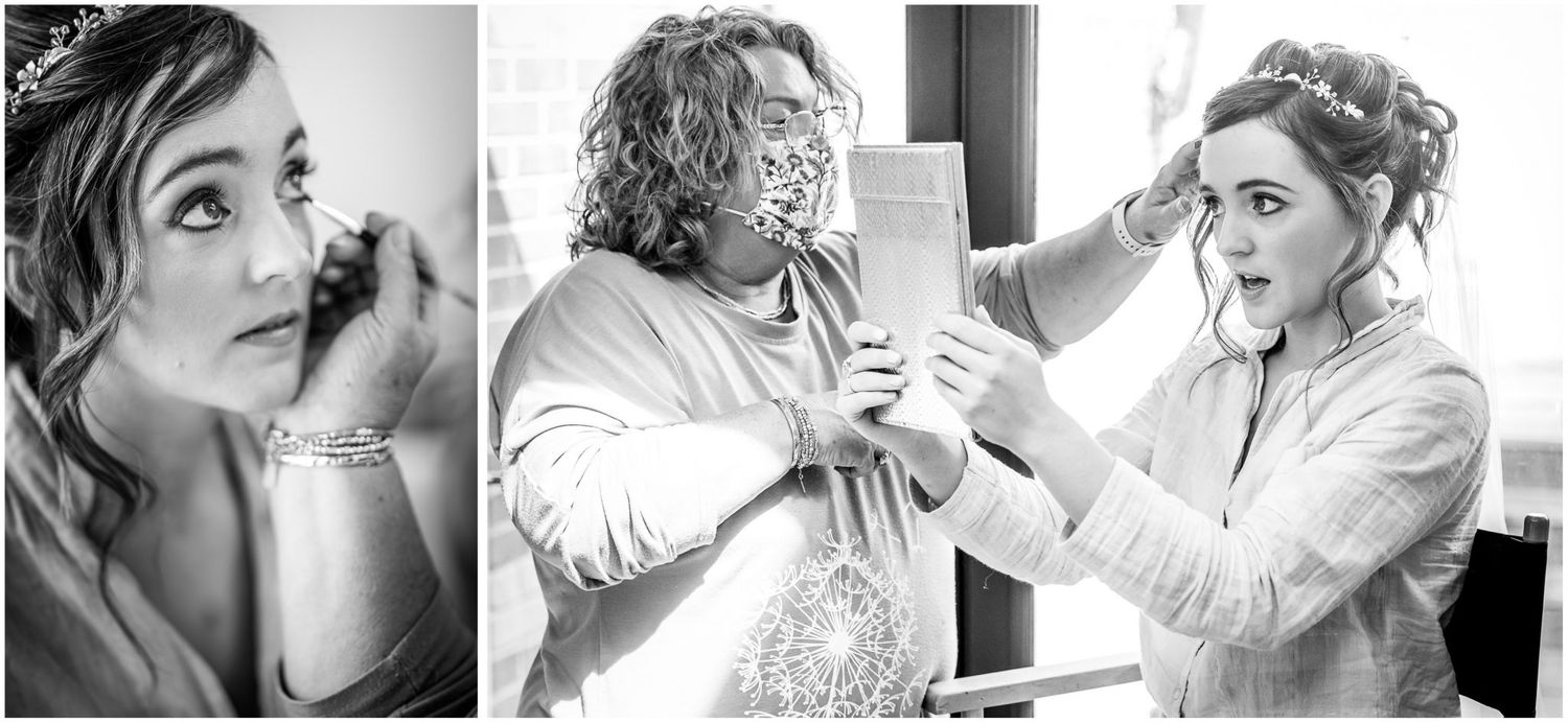 Black and white candid moments captured during wedding preparations.