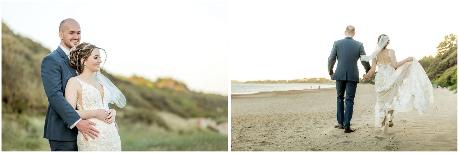 Newlyweds share intimate moments while walking along a scenic coastal path at sunset.