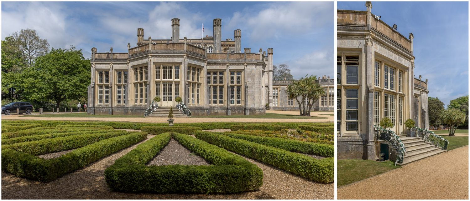 Aerial view of manicured gardens and pathways surrounding a stately manor house.