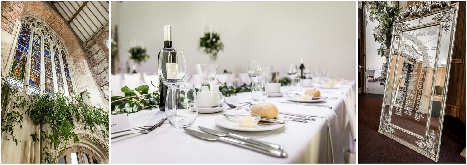 Wedding reception details showing elegant table settings and floral arrangements.
