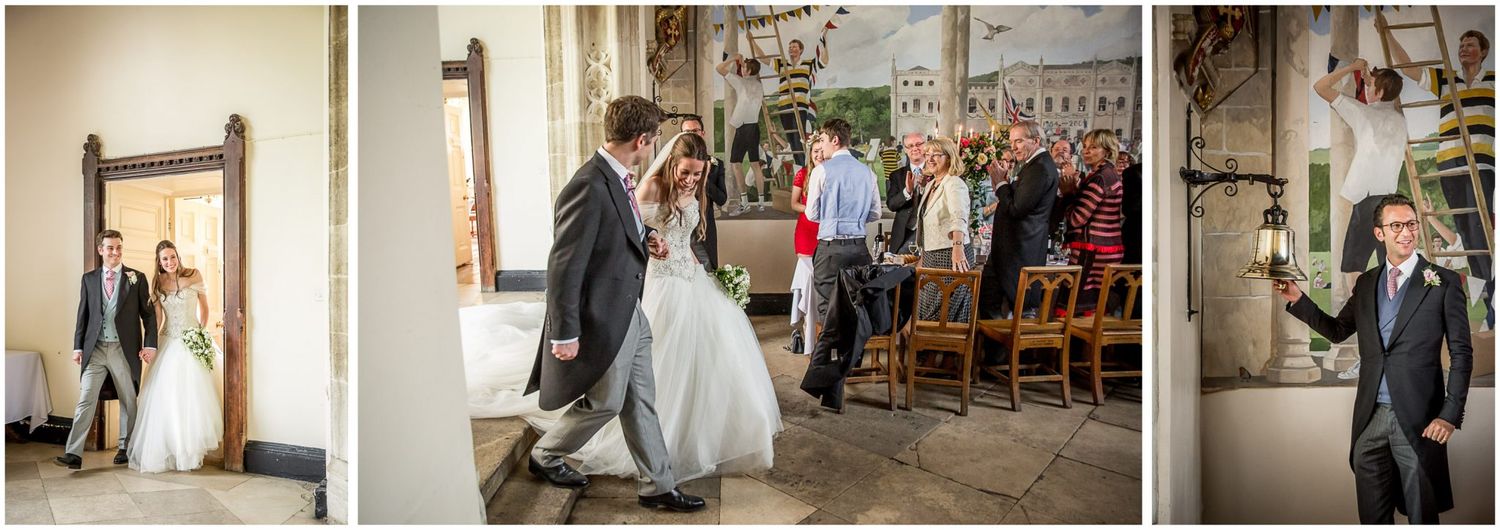 A series of wedding photographs showing candid moments, decor details and venue settings at a rustic indoor celebration.