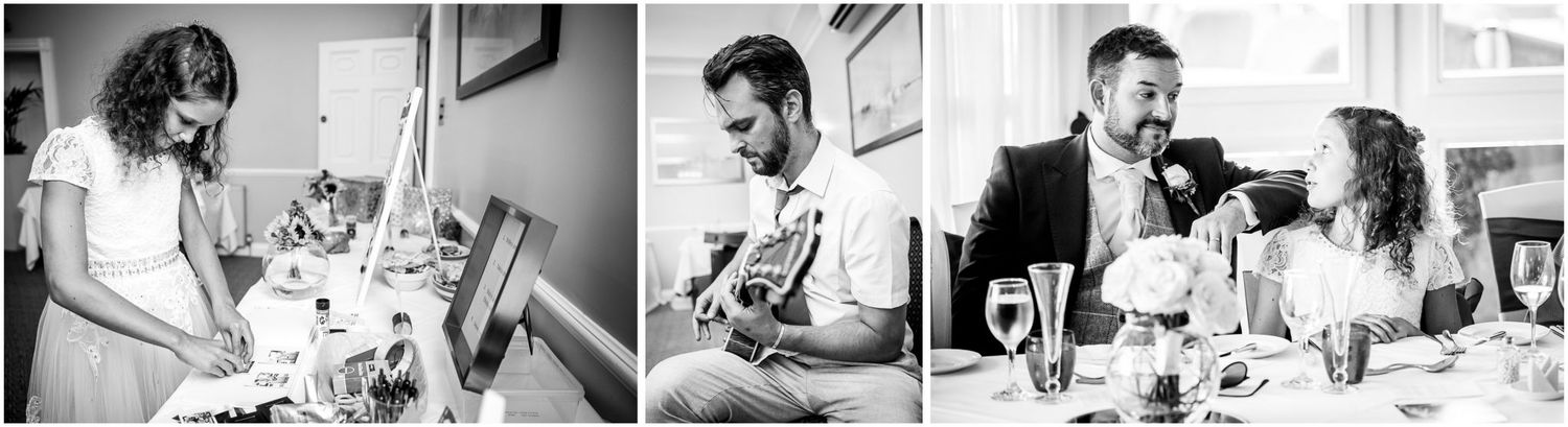 A series of black and white photos showing various candid moments of people working, eating and interacting together.