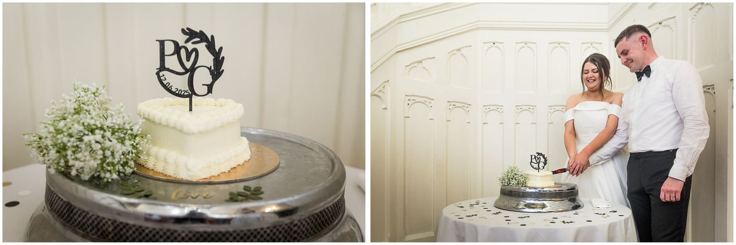 A series of wedding cake and decor photos showing elegant white tiers and floral arrangements at a reception.