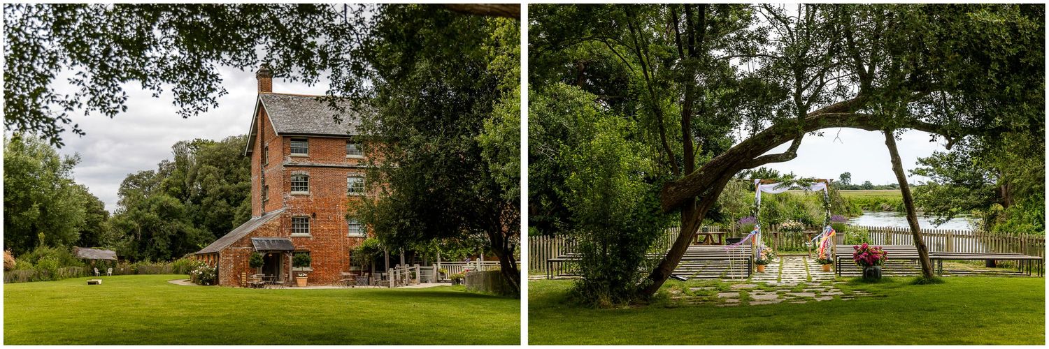 External views of the mill and outdoor ceremony area at Sopley Mill, a New Forest wedding venue