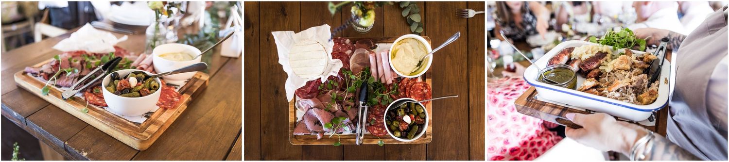 A rustic wooden board with charcuterie, meats, and dips alongside a festive spread of antipasto and grilled dishes, prepared by Perfect Pig