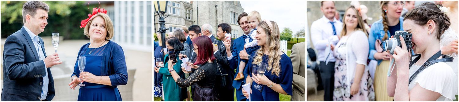Wedding guests gather outside a venue for group photos during a celebration.