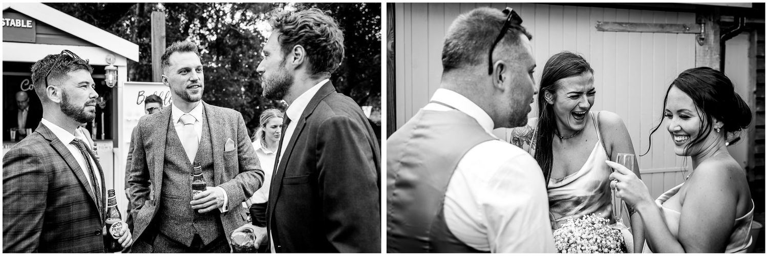 Black and white candid moments captured during wedding reception celebrations.