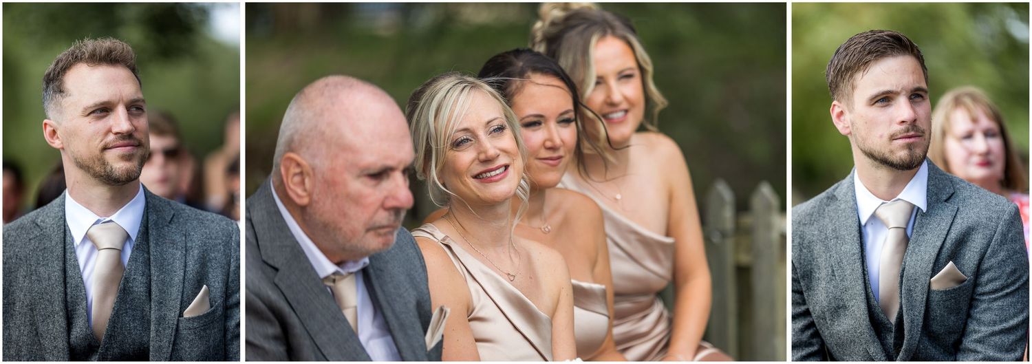 Collection of candid reactions during a garden wedding ceremony.