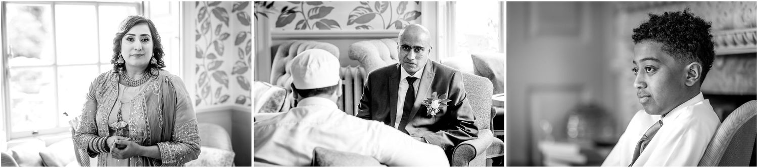 A series of black and white photographs capturing candid wedding moments indoors.