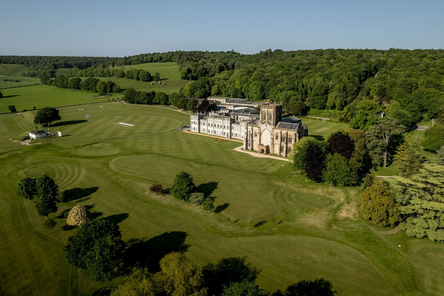 Aerial view with drone photography of Milton Abbey wedding venue in Dorset