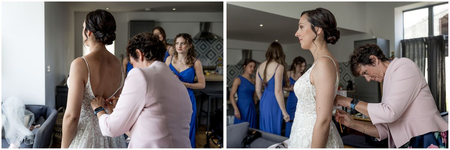 Wedding preparation scenes in a bright modern dressing room.