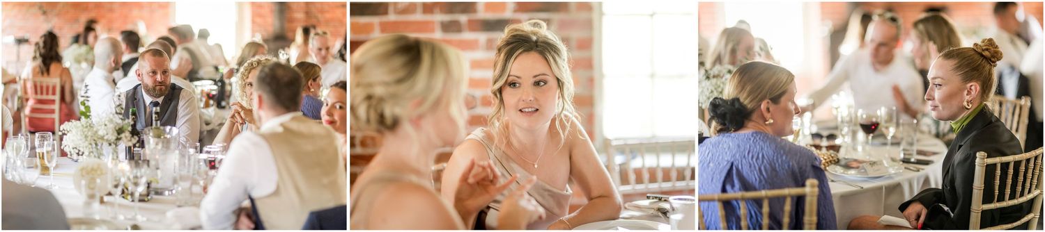 Wedding reception candid moments captured inside rustic brick venue space.