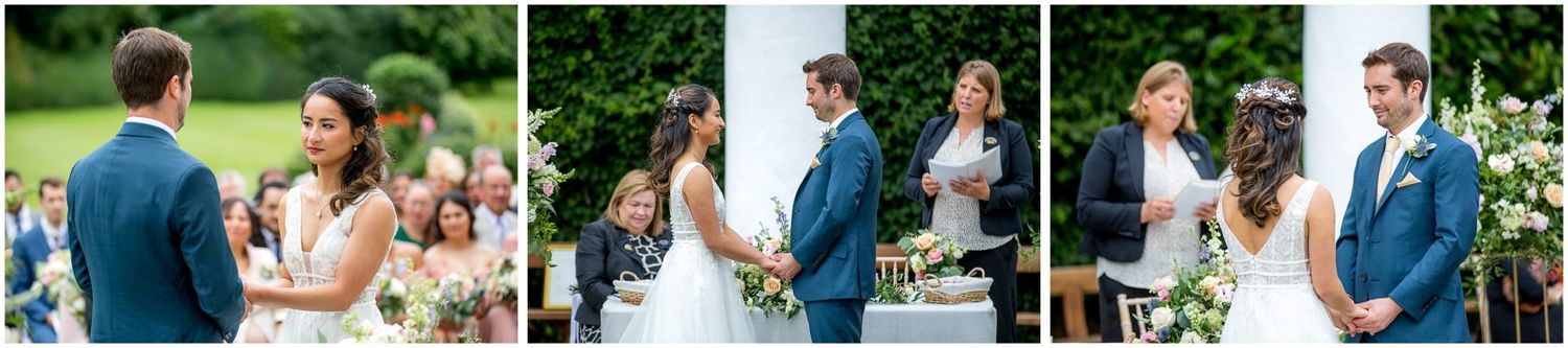 Candid wedding moments captured during outdoor celebration with natural greenery.