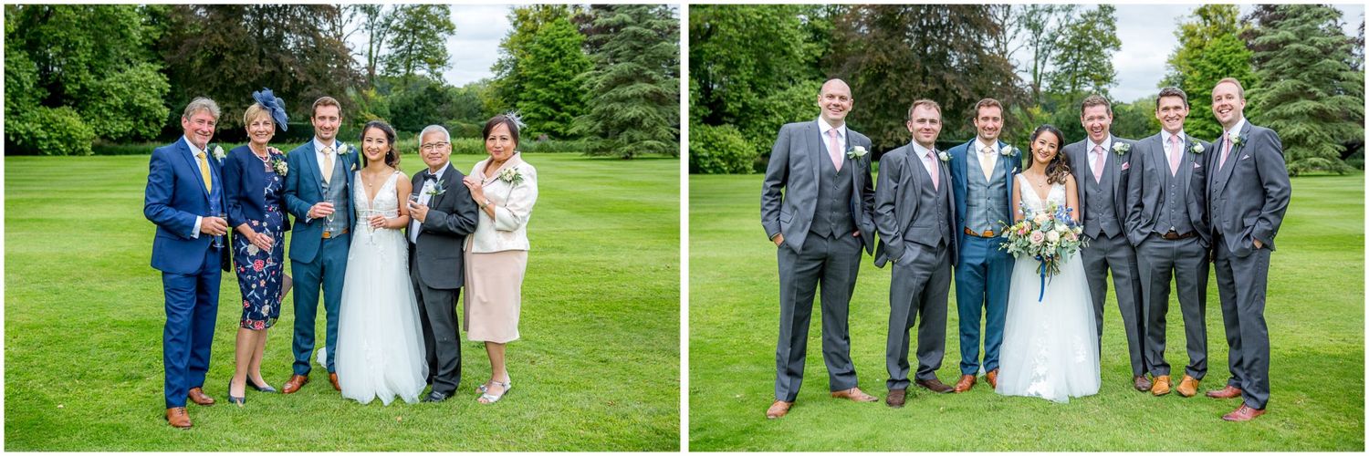 Two formal group photos of wedding party on green lawn.