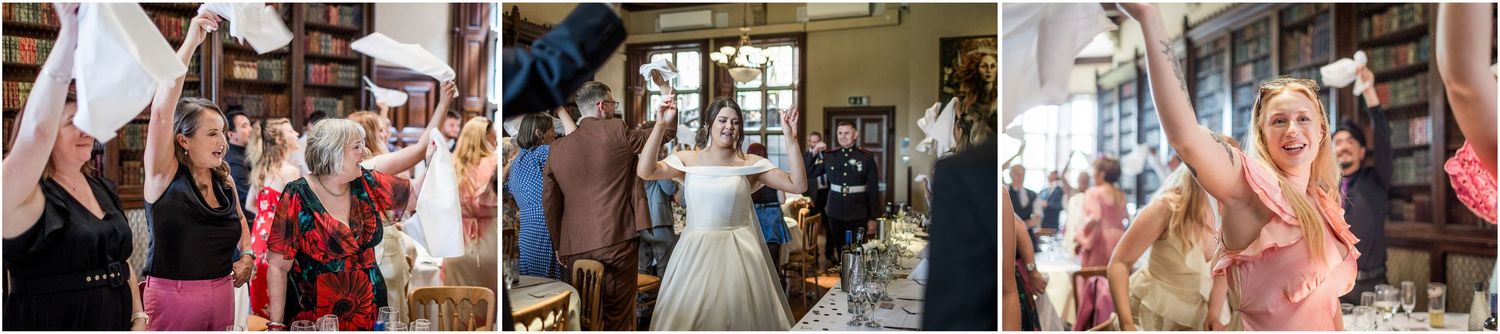 A collage of wedding moments showing guests dancing and celebrating at a reception.