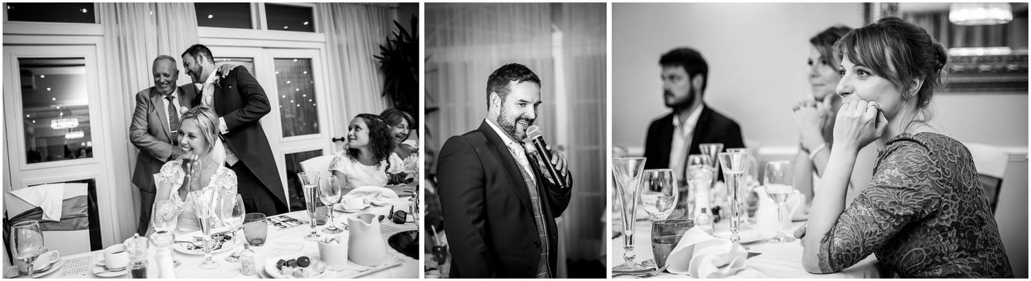 A series of black and white photographs showing people gathered around tables in what appears to be a dining setting.