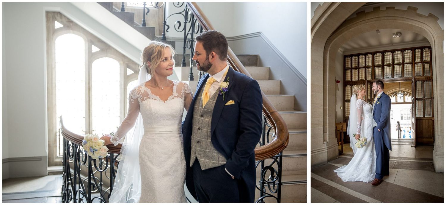 Elegant wedding couple shares intimate moments in a historic building with ornate staircases and classic architecture.