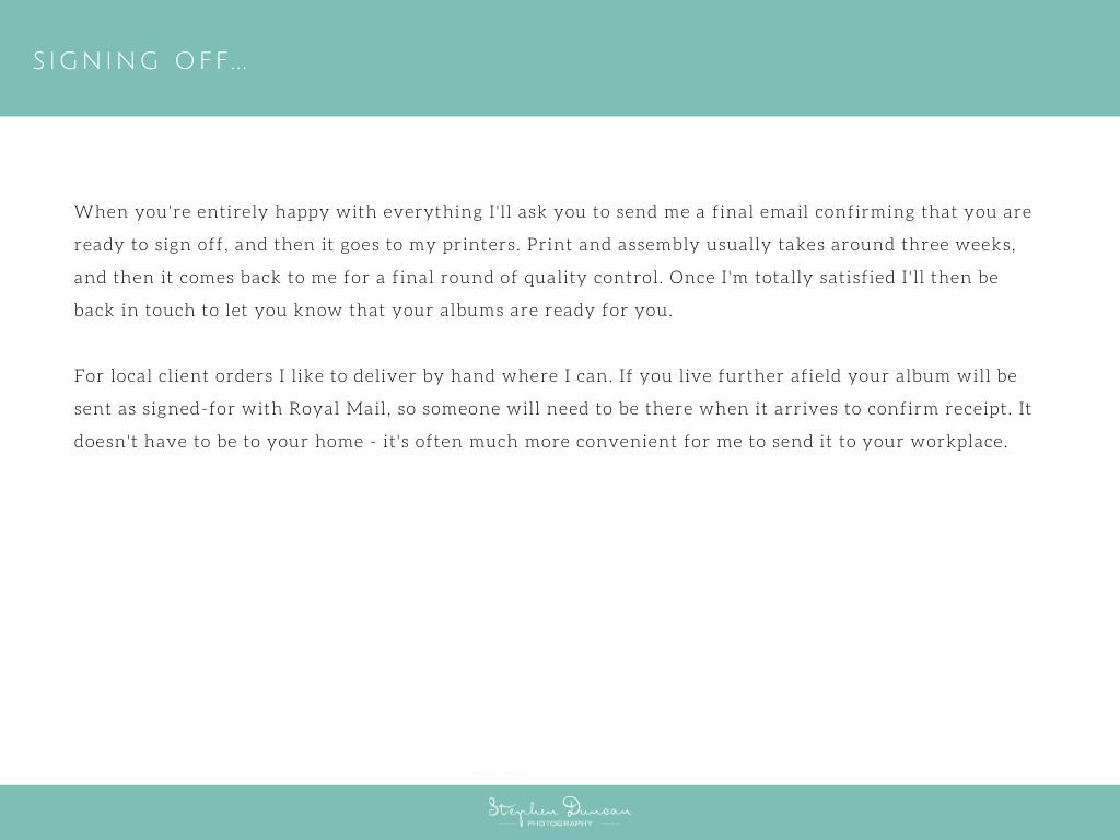 Album design template showing 'SIGNING OFF' header in white text against turquoise background with layout elements.