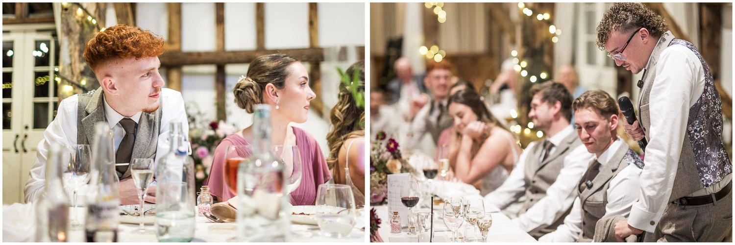 Candid photography during wedding speeches at Clock Barn in Hampshire