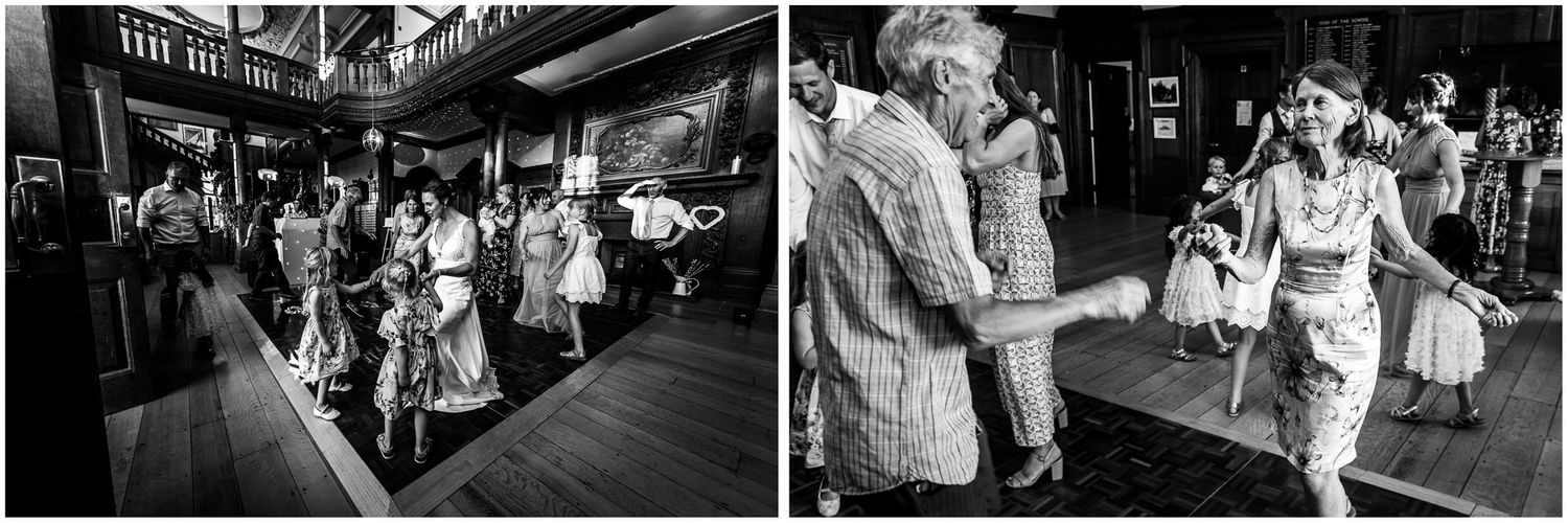 Black and white wedding reception photos showing guests dancing joyfully on the dance floor.