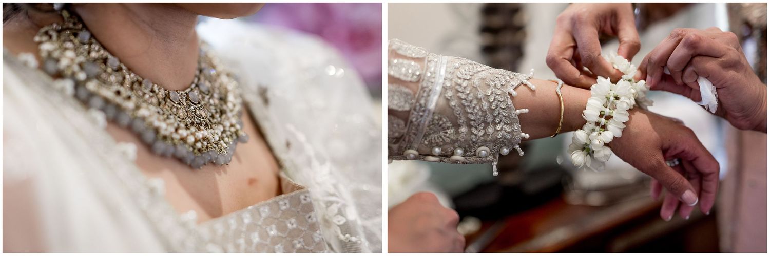Close-up shots of wedding jewelry and accessories with sparkly details.