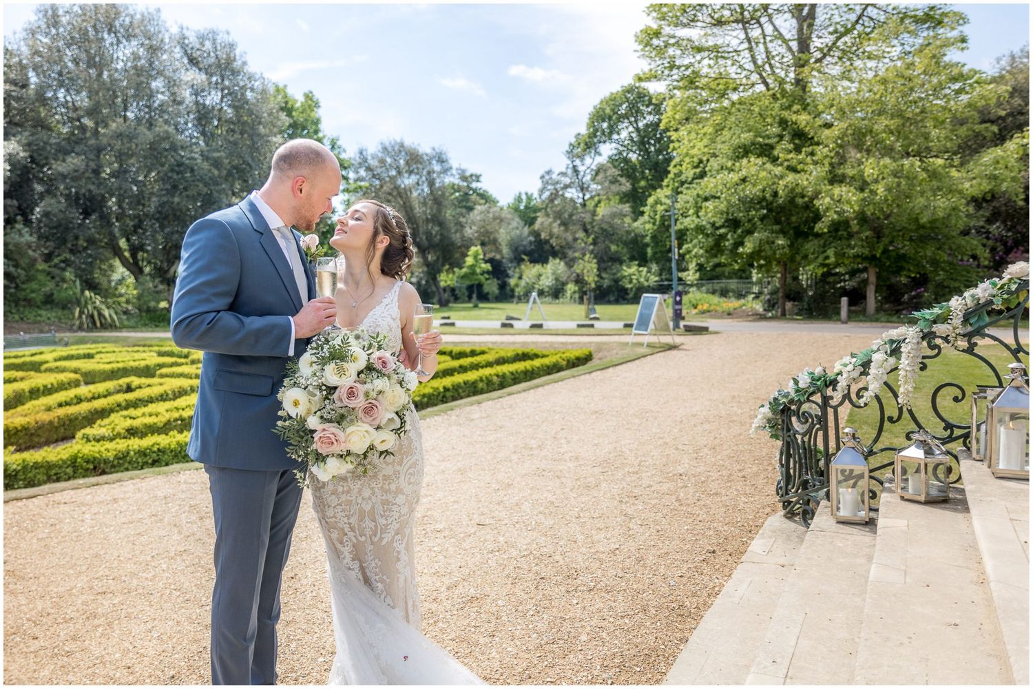 Scenic outdoor wedding photos taken in a beautiful garden setting.