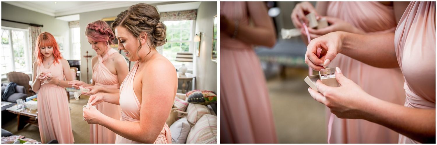 Close-up shots of hands gently holding and examining a delicate pink engagement ring in natural lighting.