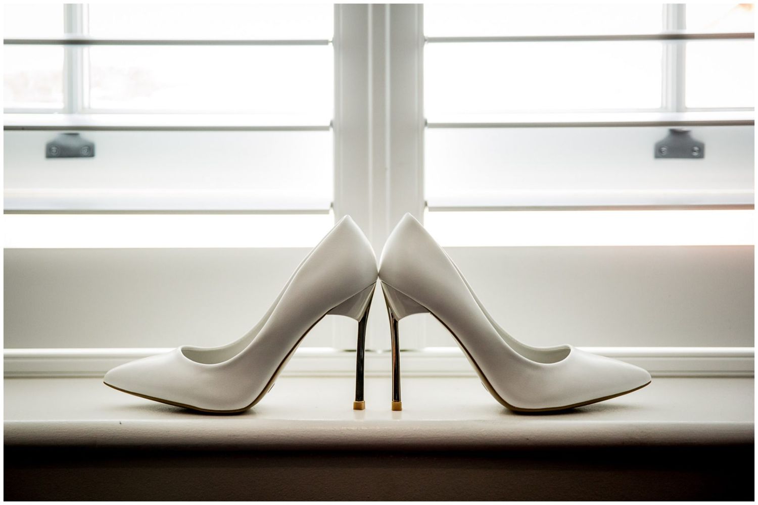 A series of minimalist photographs showing white high heel shoes arranged against white backgrounds in different angles.