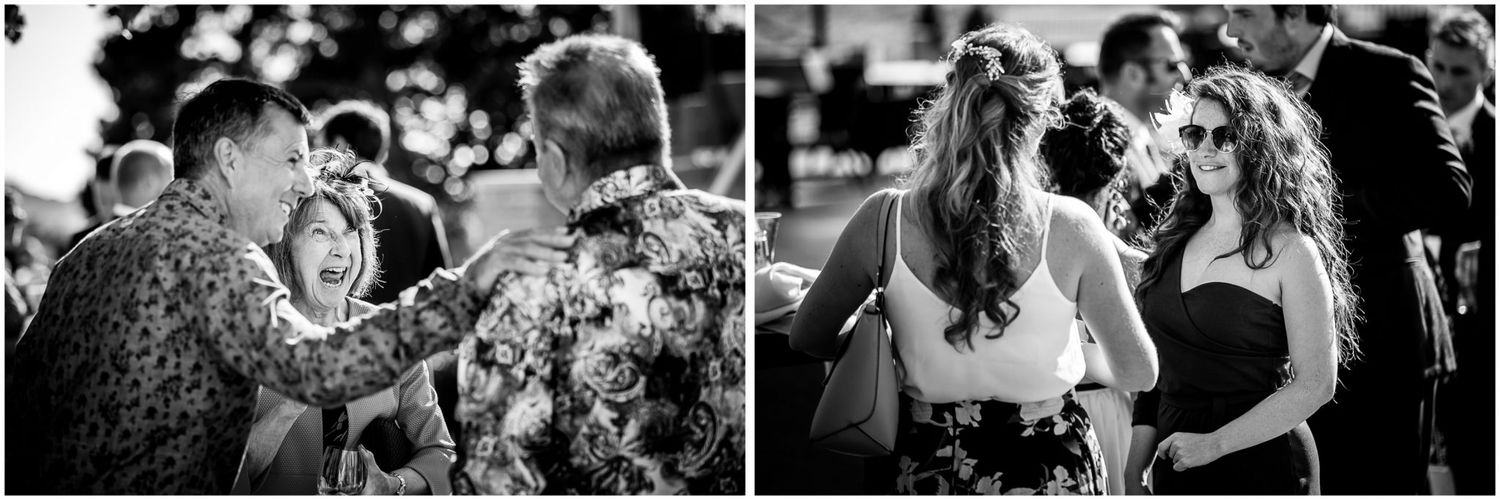 A collection of black and white wedding photos showing intimate moments and celebrations at a reception.