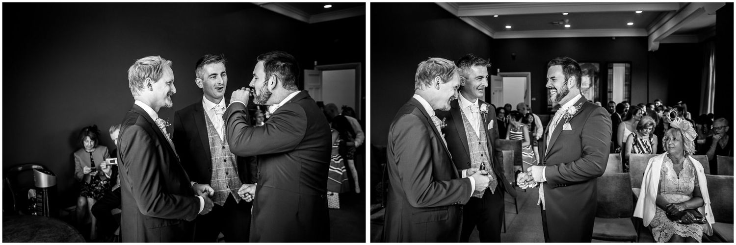 A black and white photo montage shows candid moments from what appears to be a wedding celebration or party.