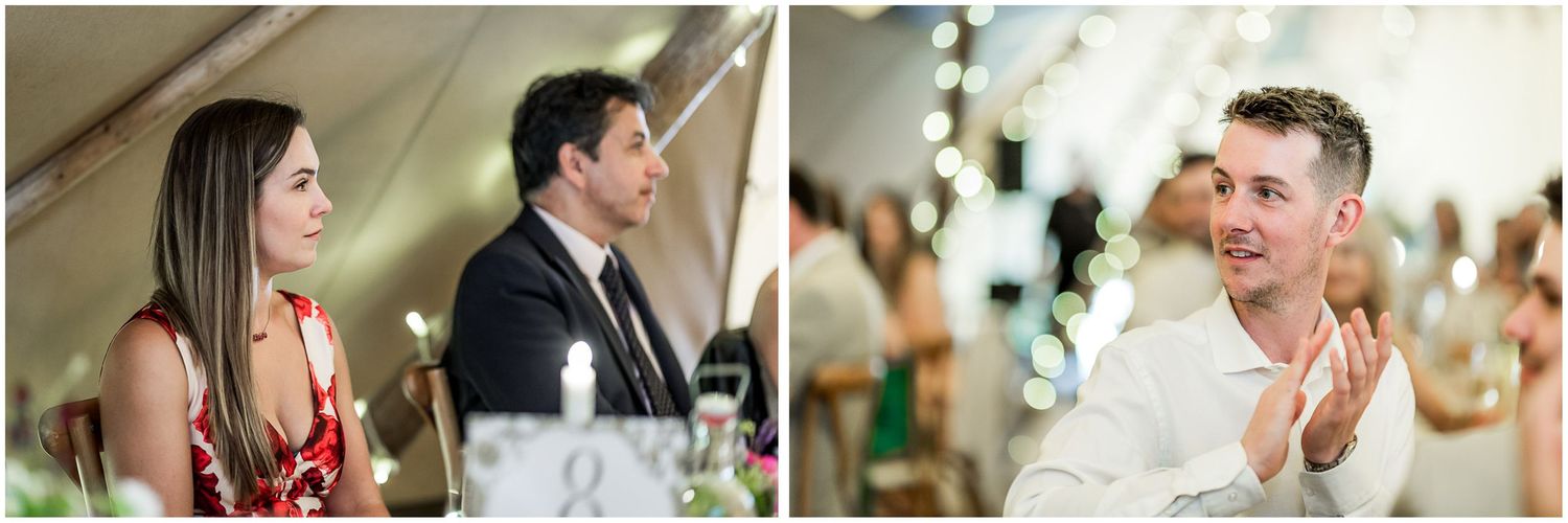 Documentary wedding photography as guests watch the speeches at the start of the wedding breakfast
